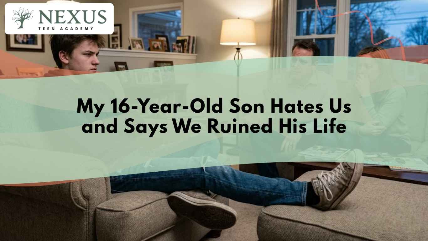 Teen boy sits apart from parents during tense family conflict over anger, emotional struggles, and trust at home.