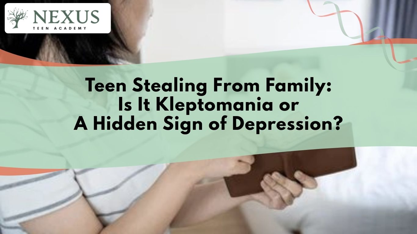 Teen hiding wallet at home illustrating stealing behaviors linked to depression, secrecy, impulse control, and family stress.