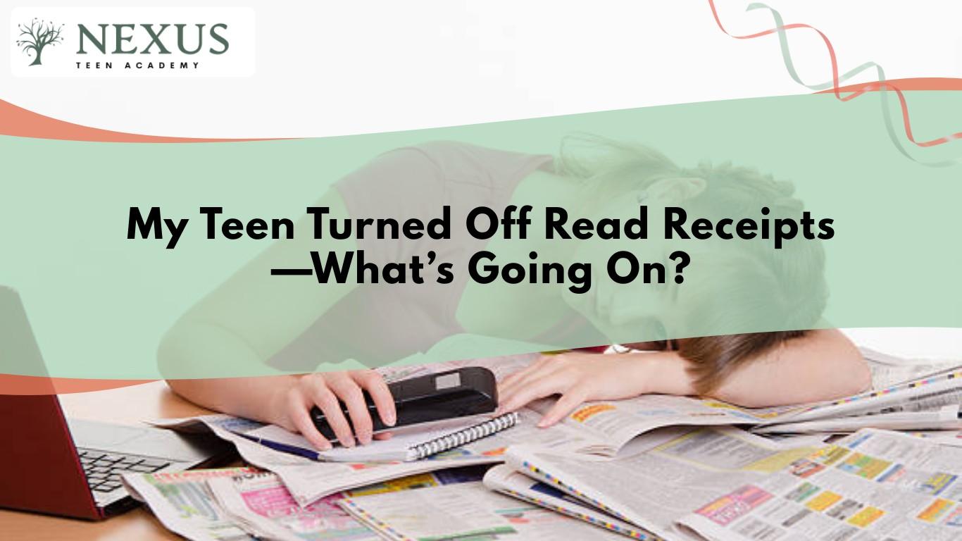 Teen lying on schoolbooks with a phone, reflecting digital stress and the reasons teens turn off read receipts.