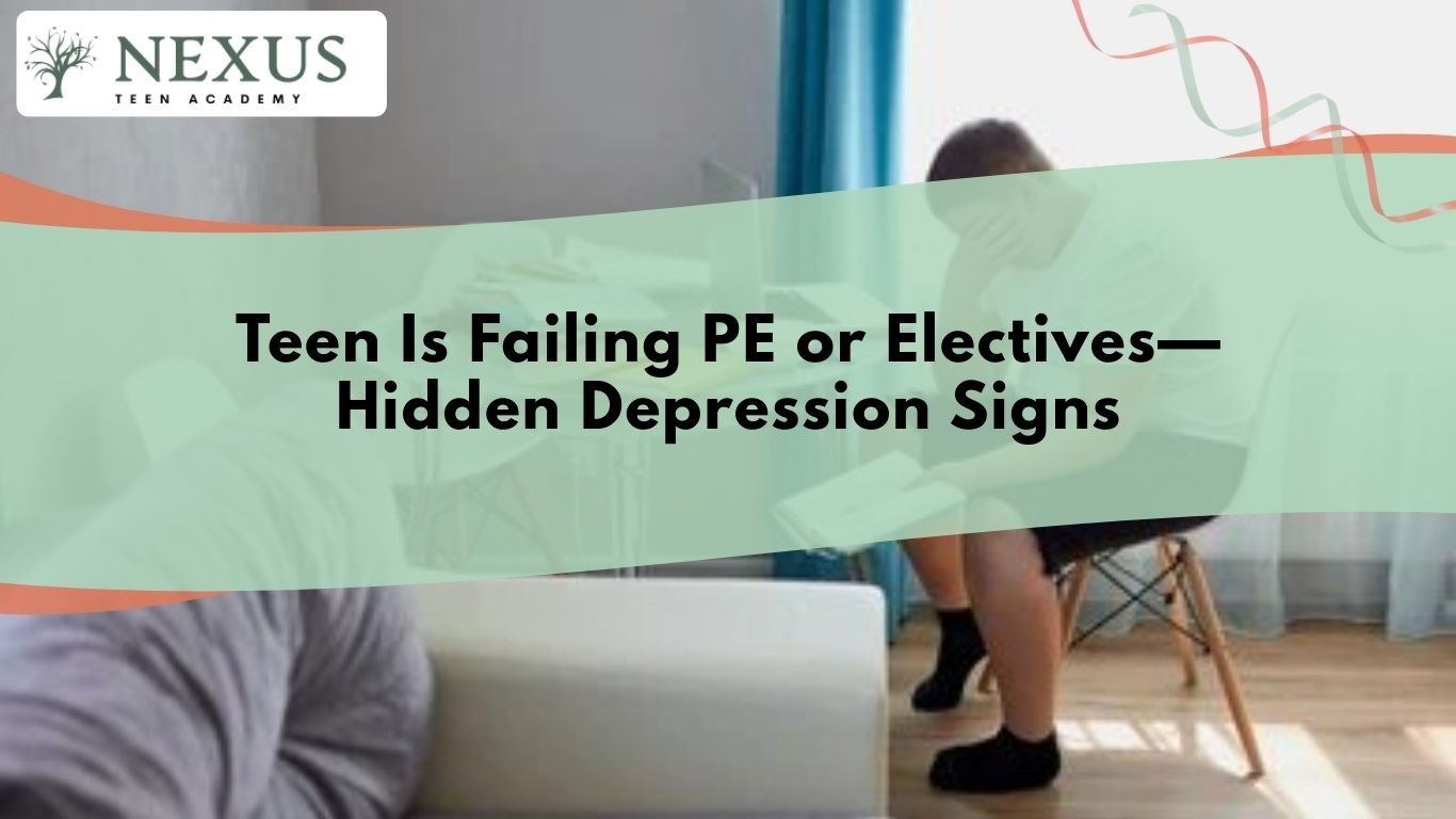 Teen in therapy as failing PE or electives reveals hidden depression signs, emotional exhaustion, and withdrawal.