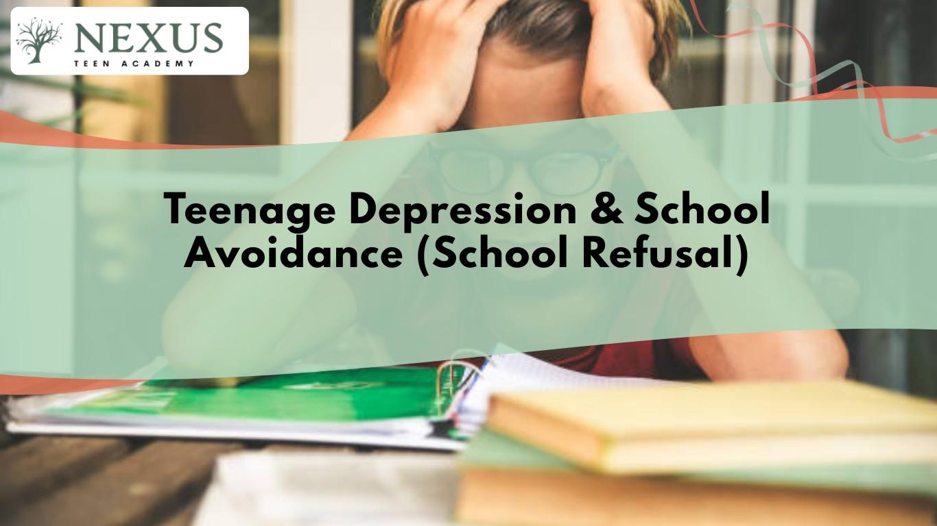 Teen holding their head over schoolbooks, illustrating teenage depression and school avoidance during school refusal.