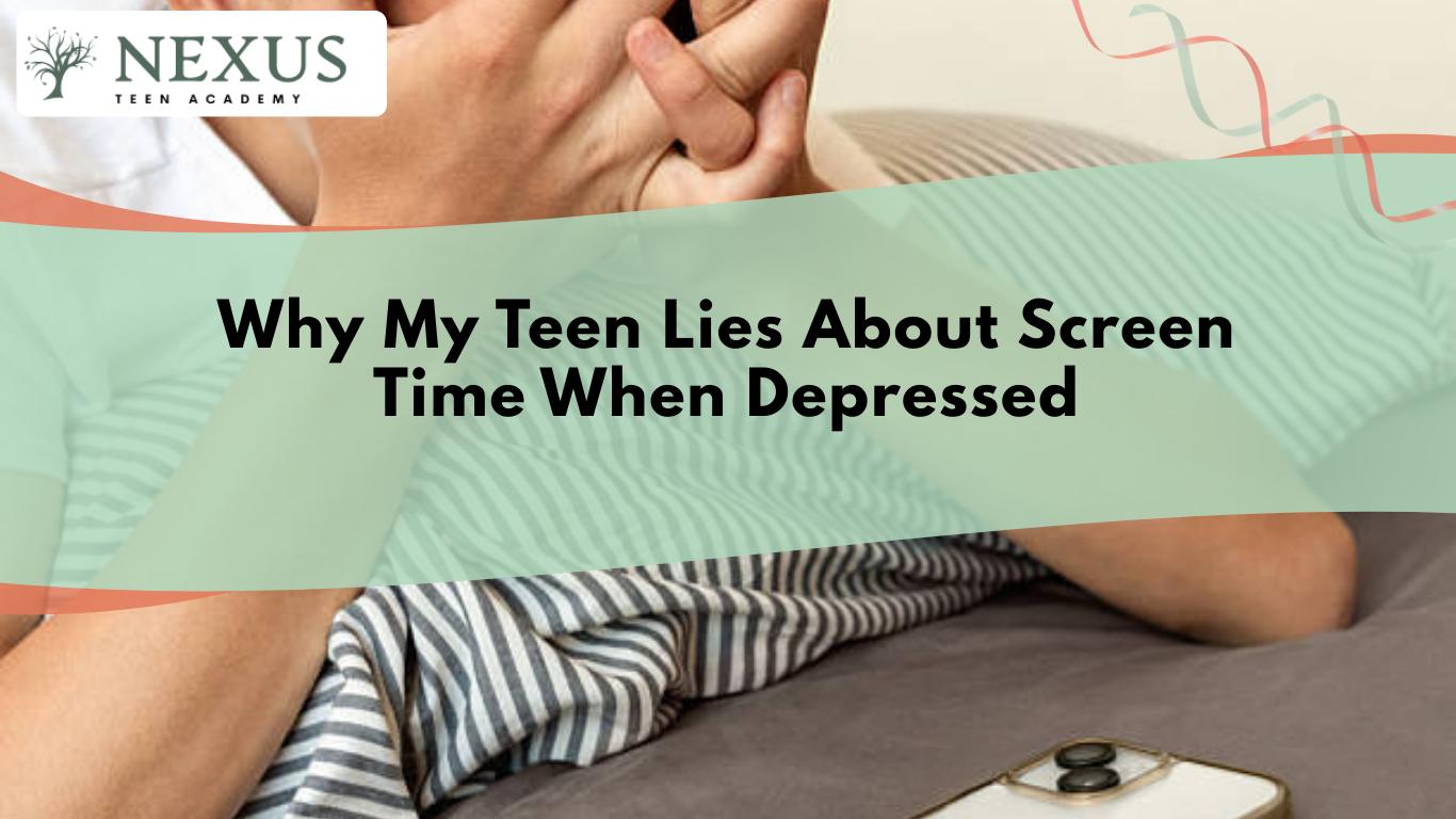 Teen lying in bed using a smartphone, illustrating how depression can drive hidden screen time and emotional escape.