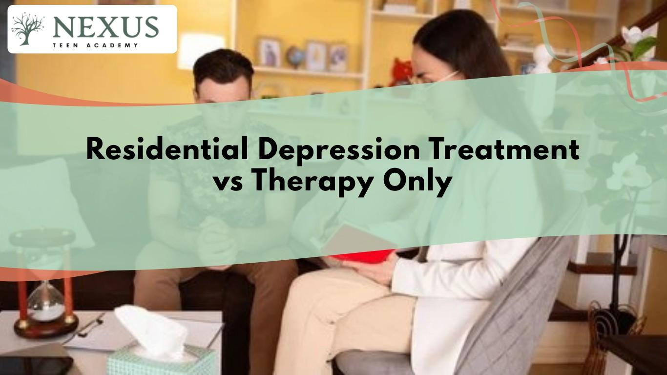 Therapist meeting with parents about residential depression treatment vs therapy options for teen mental health.