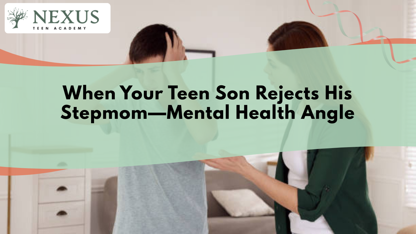 Teen son showing frustration toward his stepmom, reflecting blended family conflict, grief, and emotional struggles.
