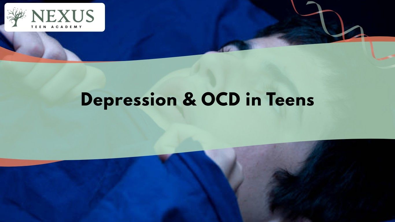 Anxious teen lying awake in bed beneath Nexus Teen Academy banner for a parent guide on depression and OCD in teens.