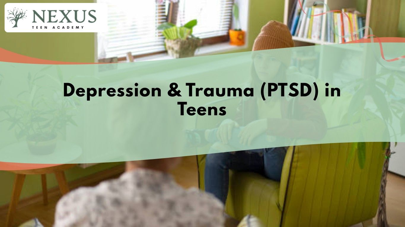 Teen in a therapy session illustrating depression and trauma (PTSD) in teens, highlighting emotional support and treatment.