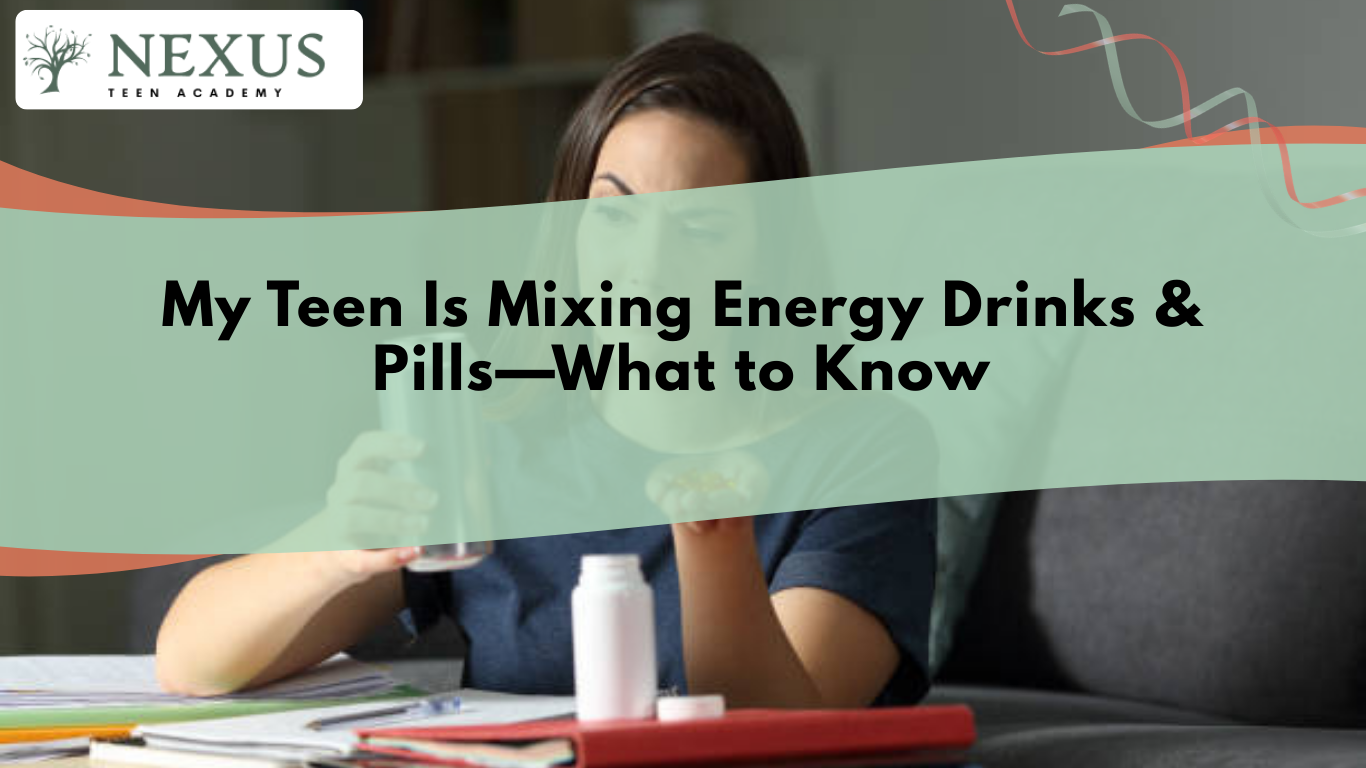 Concerned teen seated at a table, reflecting risks of mixing energy drinks and pills and the need for parental support.