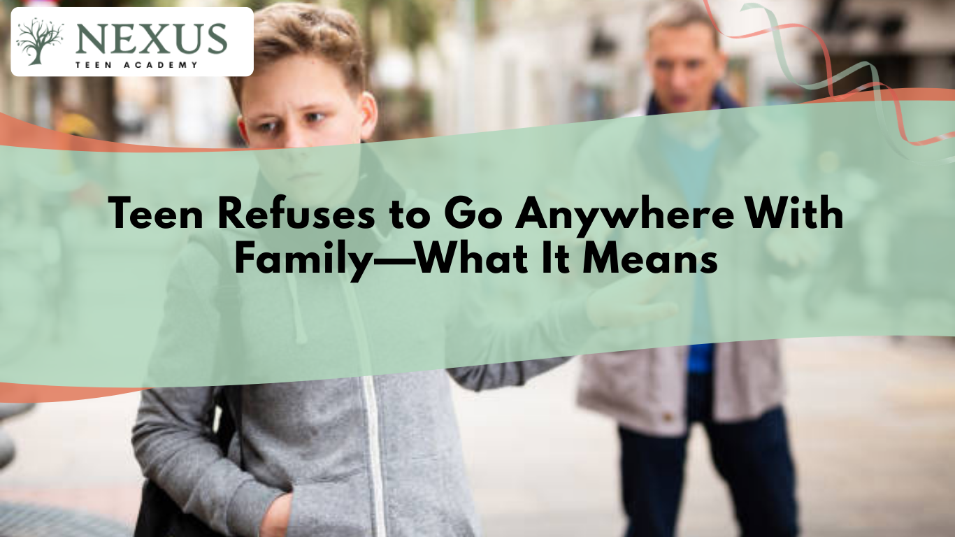 Teen pulling away from a family outing, reflecting family avoidance, teen withdrawal, and emotional disconnection.