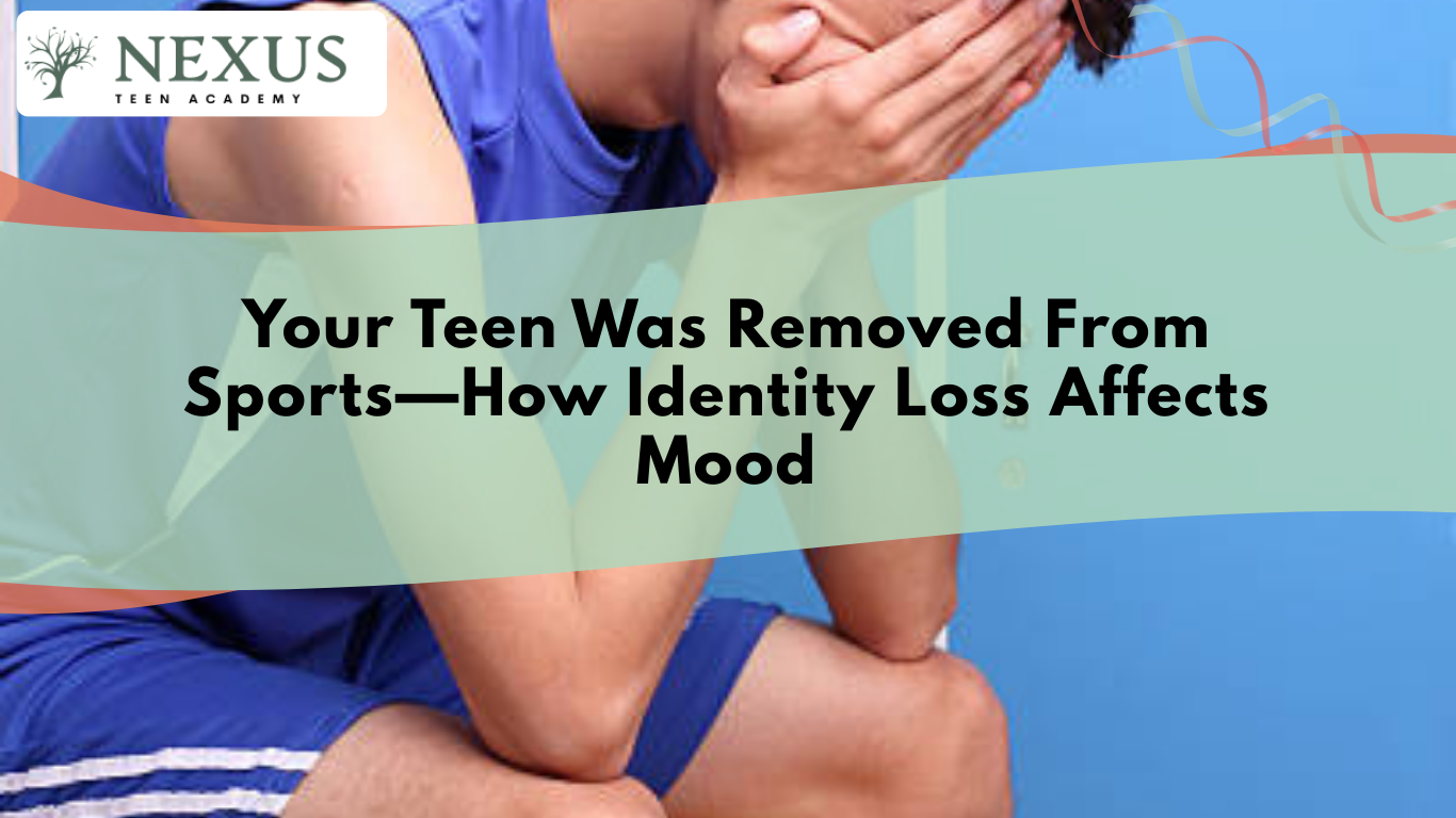 Teen athlete coping with identity loss after being removed from sports, reflecting emotional struggles and mood changes.