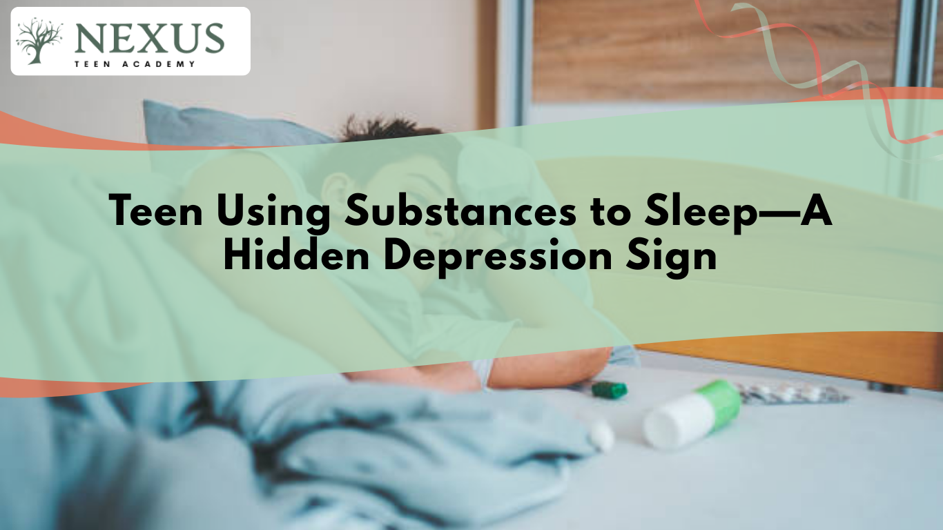 Teen struggling with sleep near medication, representing substance use as a hidden warning sign of depression.