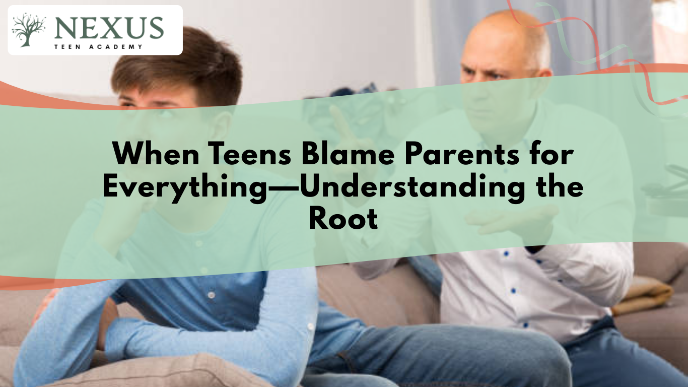 Teen sitting apart while a frustrated parent gestures during conflict, reflecting why teens blame parents for everything.