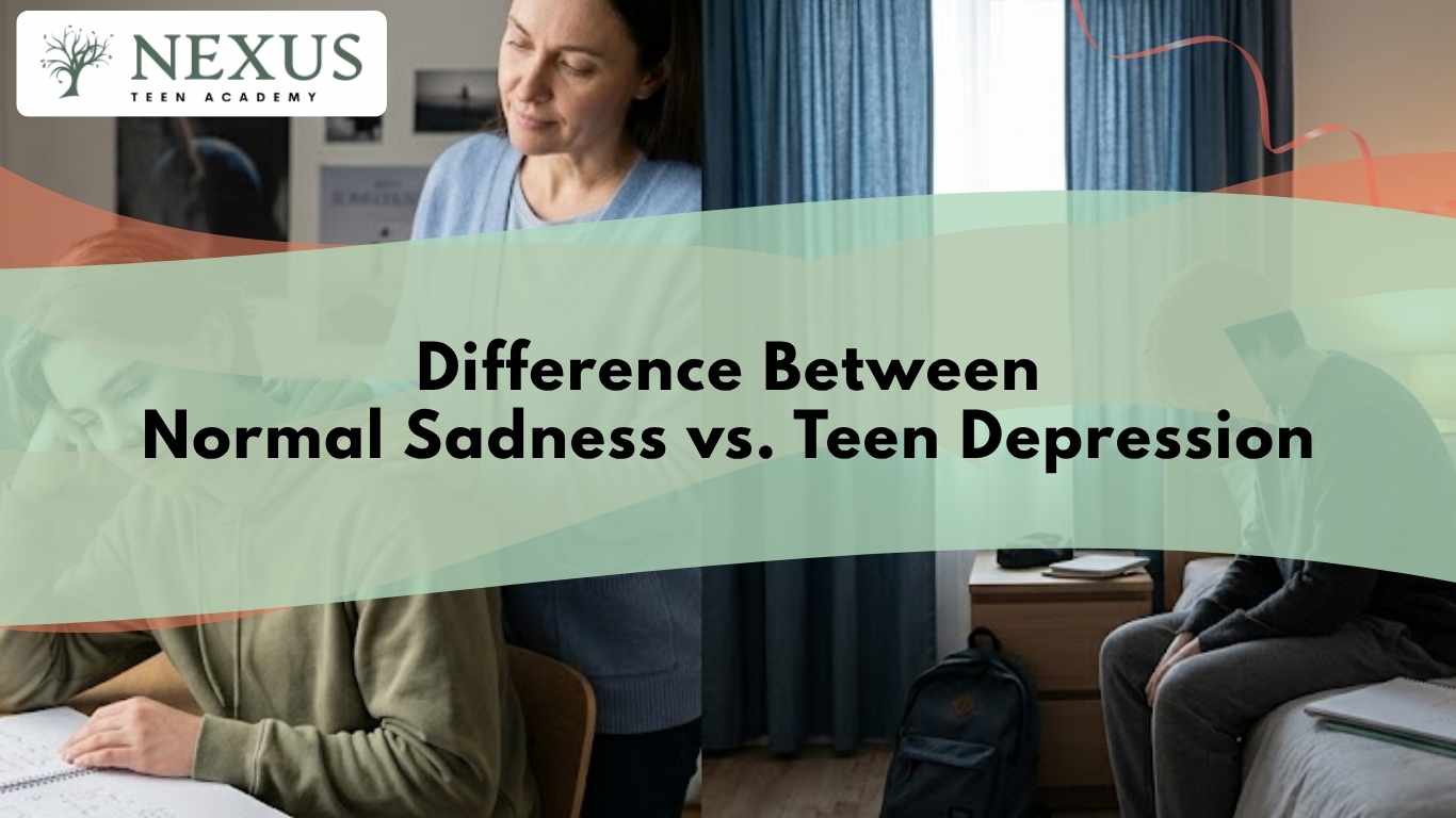 Concerned parent checking on a withdrawn teen, illustrating Normal Sadness vs Teen Depression and warning signs.