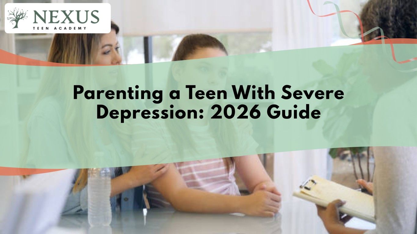 Parent and teen meeting with a therapist for severe depression treatment and family support planning during recovery.