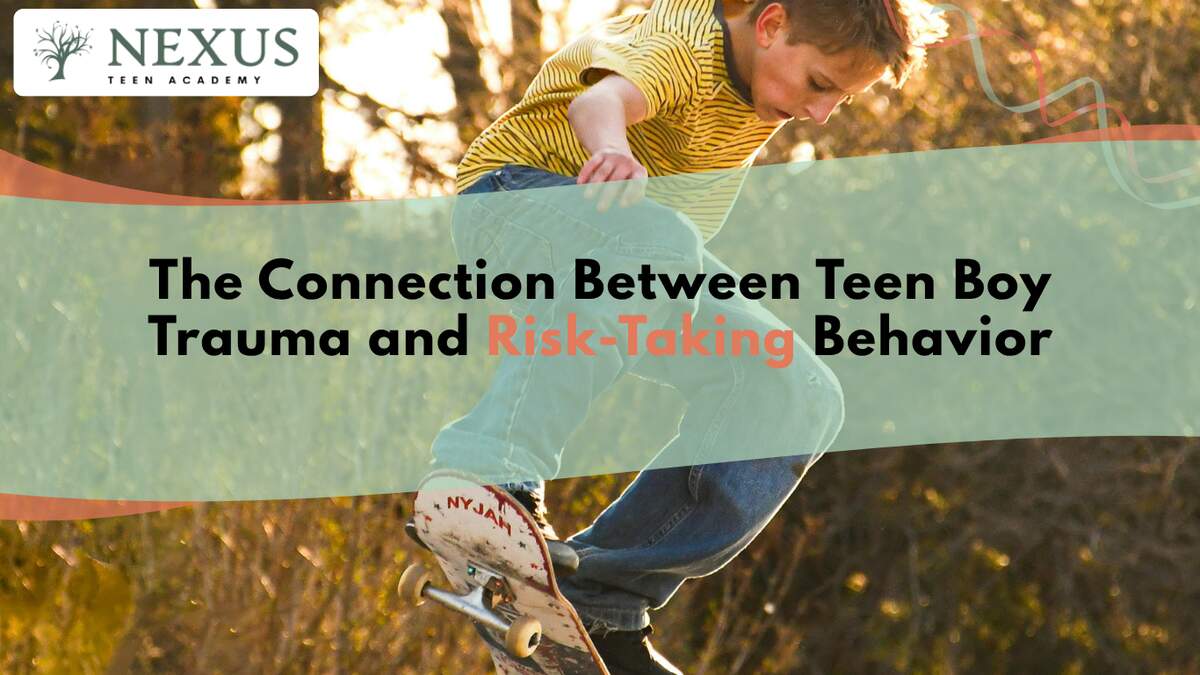 Teen boy performing a skateboard trick illustrating teen boy trauma and risk-taking behavior tied to emotional distress.