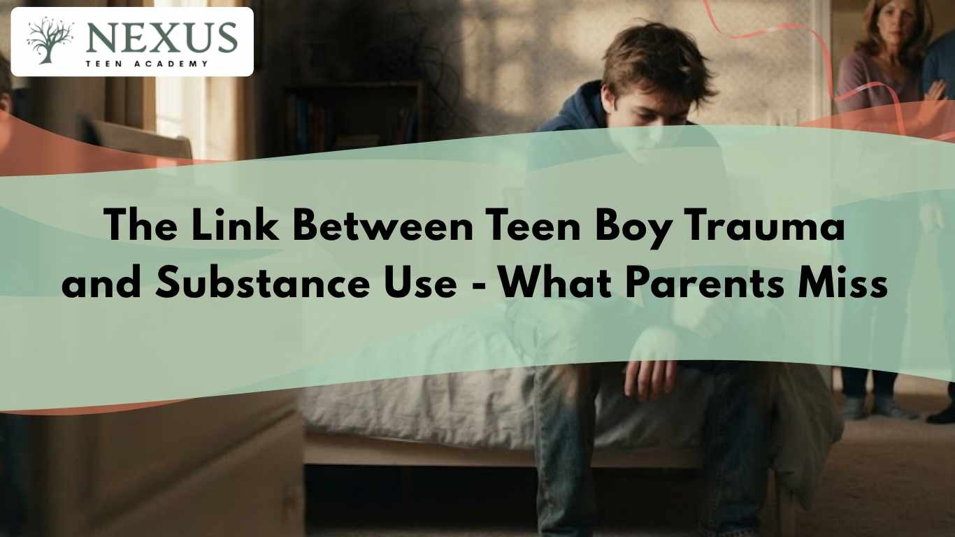 Teen boy sitting alone as concerned parents watch, illustrating trauma, emotional distress, and teen substance abuse risk.