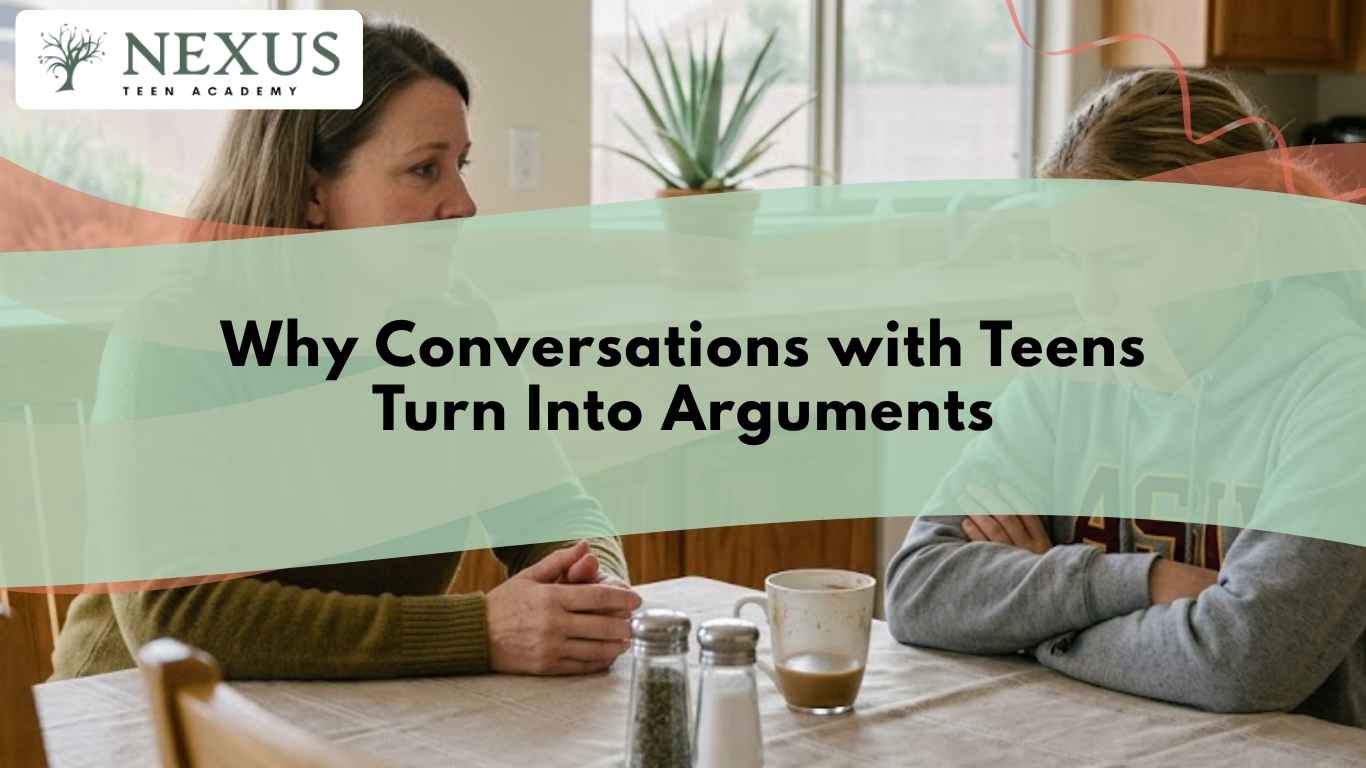 Parent and teen at a kitchen table showing why conversations with teens turn into arguments during family talks.