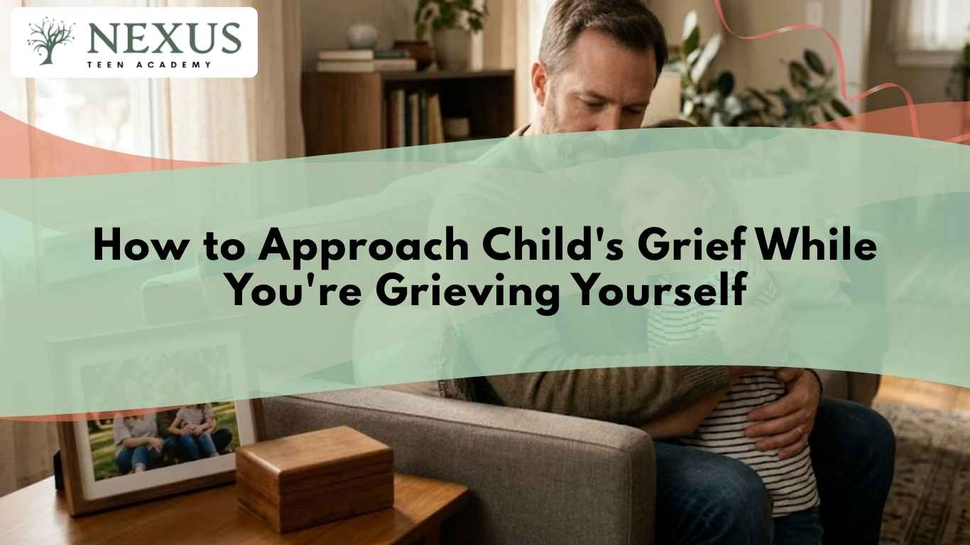 Father comforting a grieving child at home, reflecting support while both cope with the loss of a loved one.
