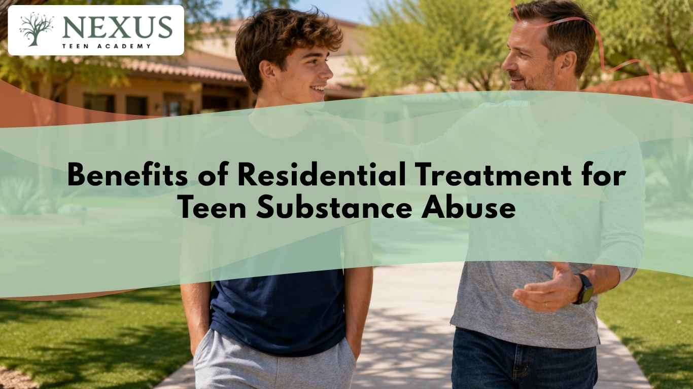 Teen walking with a parent at a residential campus, reflecting hope and support during teen substance abuse treatment.