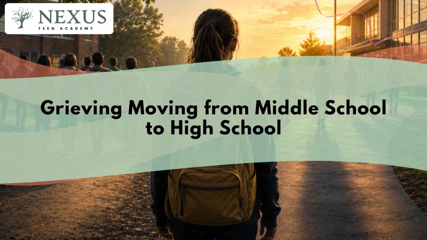 Teen standing outside a high school, reflecting the emotional weight of the middle school to high school transition.