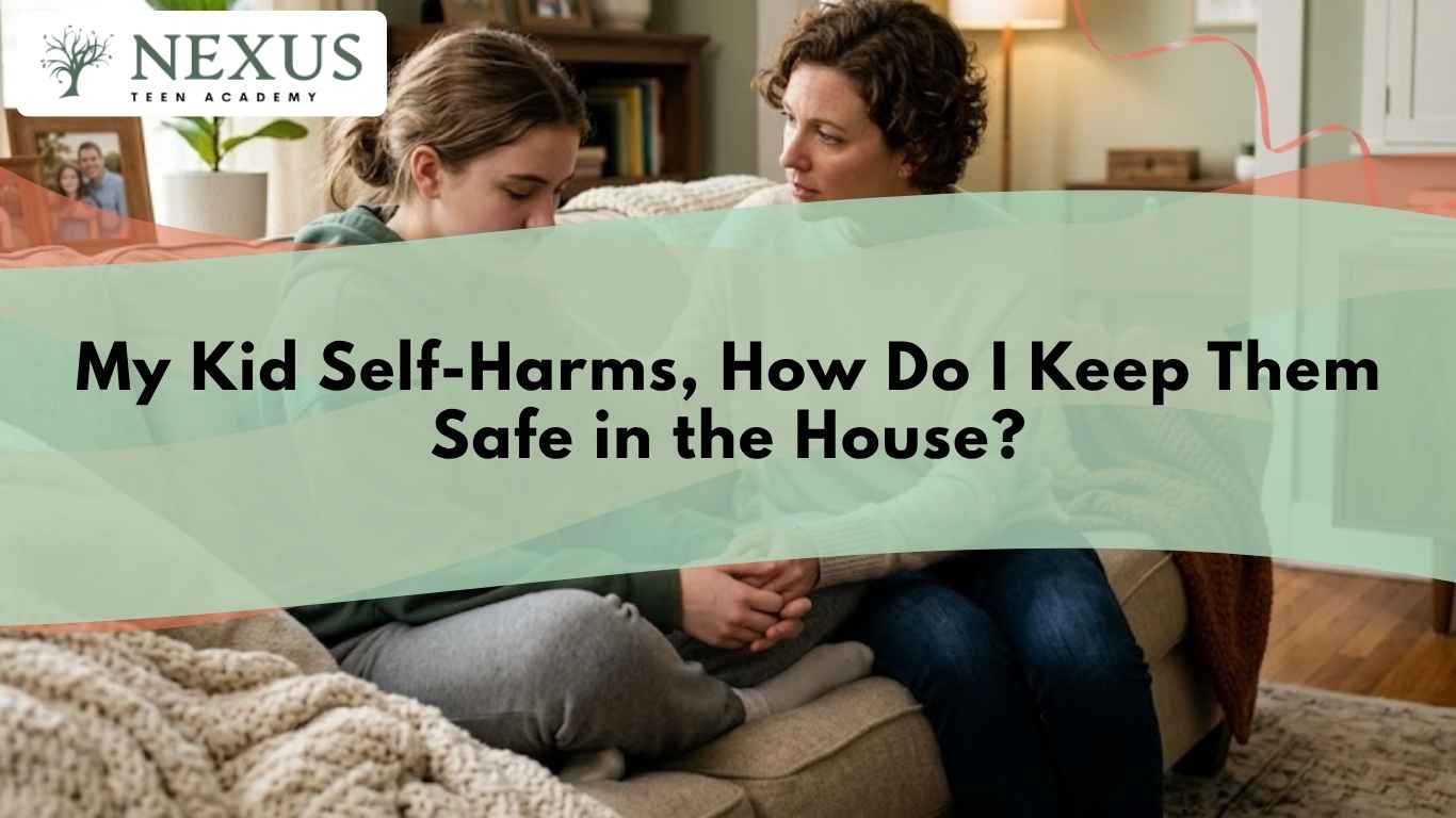 Parent comforting a teen at home after self-harm, reflecting steps to keep self-harming teen safe at home with support.