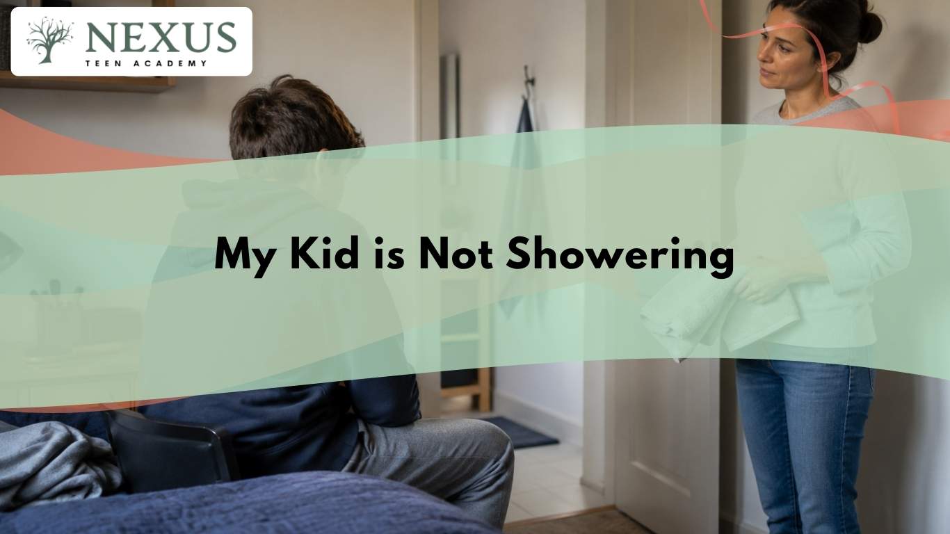 Reluctant teenager avoids showering as their mother encourages better hygiene during a difficult conversation.