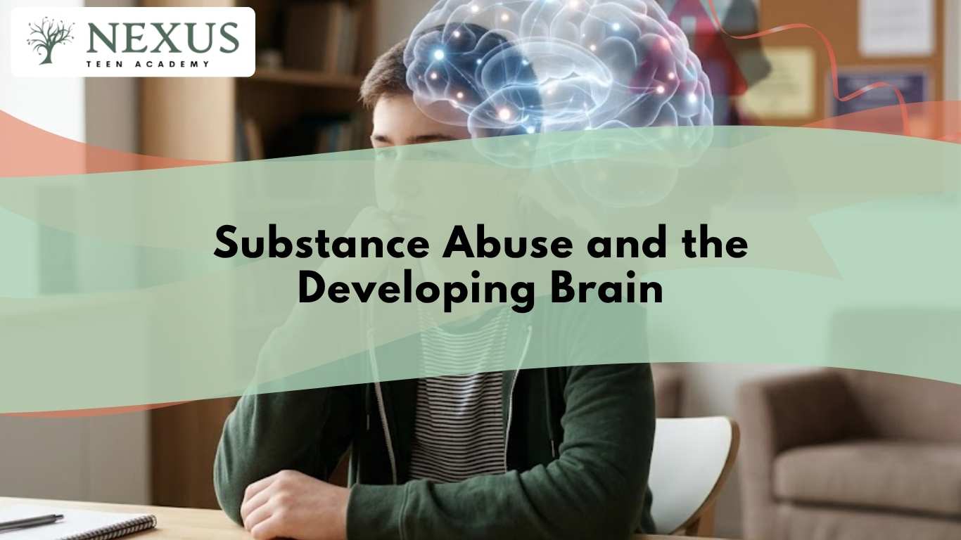Teen with an illustrated brain overlay highlighting how substance abuse affects brain development during adolescence.