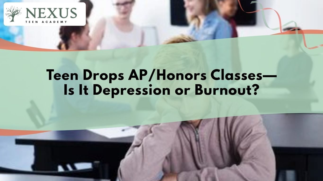 Teen sitting alone in class after deciding to drop AP/Honors classes, reflecting depression, burnout, and academic pressure.