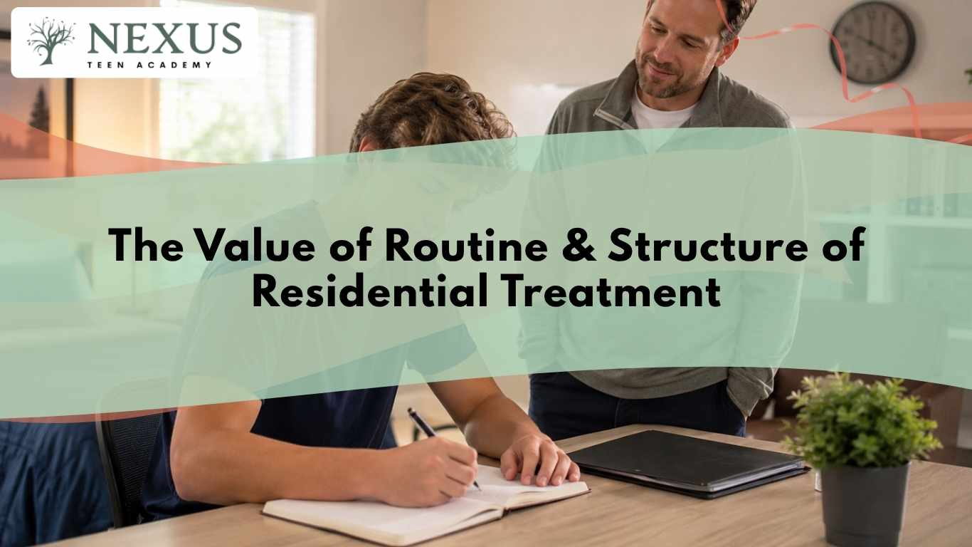Teen in residential treatment follows a structured study routine with staff support, building stability and trust.