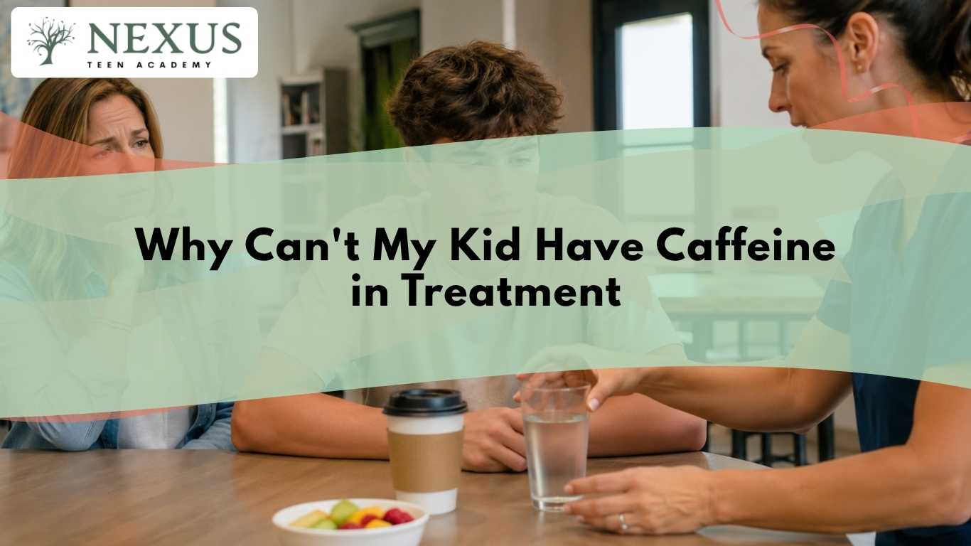 Teen meets with a parent and clinician as they discuss why caffeine is restricted during residential mental health treatment.