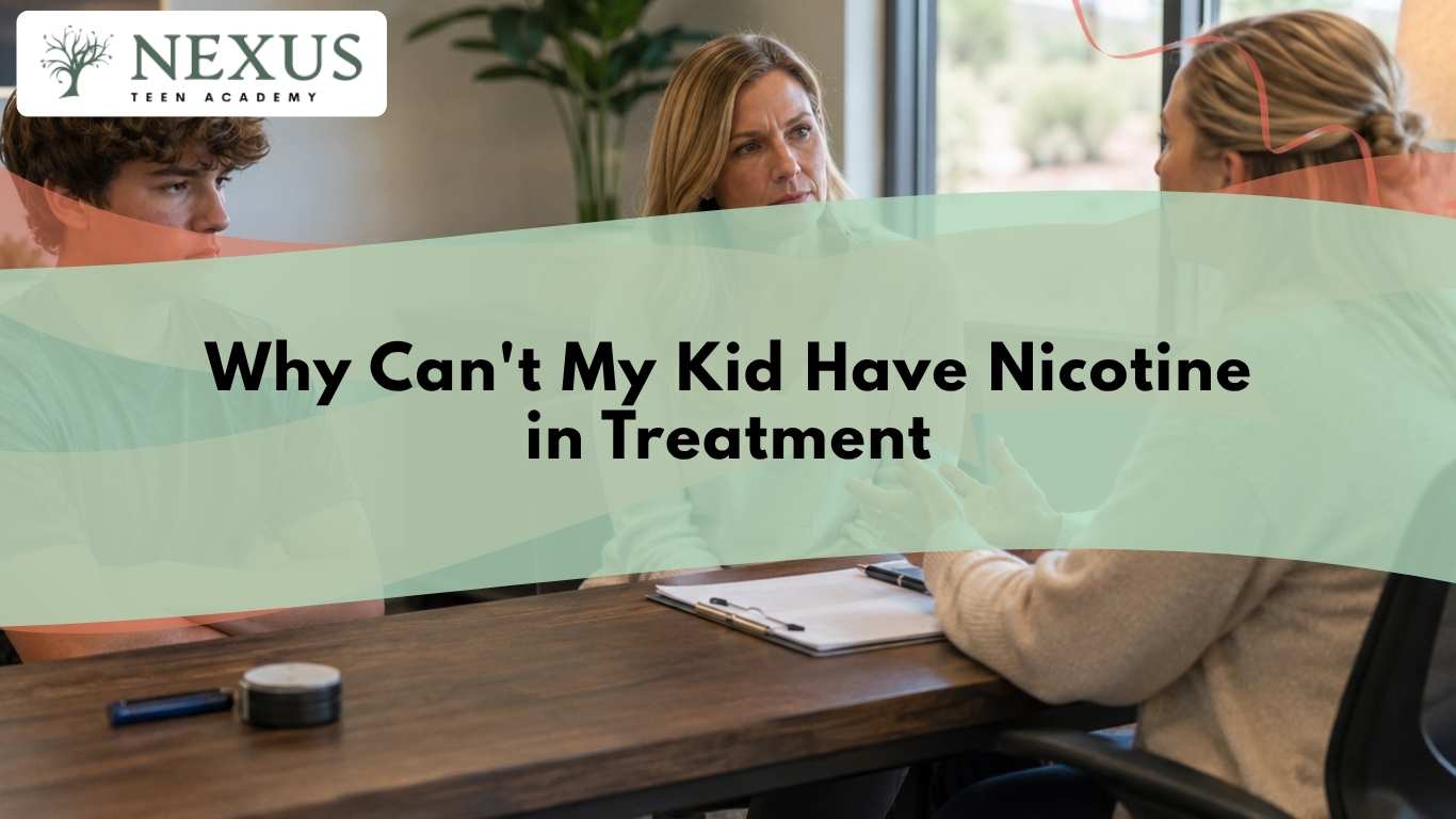 Teen and parent meeting with therapist about why teens can't have nicotine in treatment during residential care.