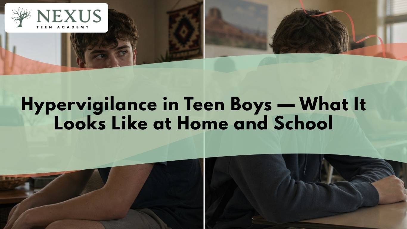 Teen boy with PTSD appearing tense at home and school, showing how hypervigilance keeps him alert to perceived threats.