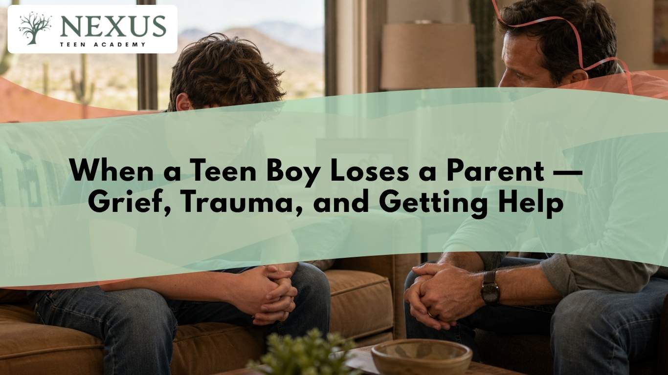 Teen boy grieving the loss of a parent sits with an adult, reflecting the need for support through grief and trauma.