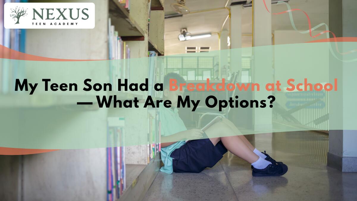 Teen son sitting alone in a school hallway after an emotional breakdown, reflecting the need for support and next-step care.