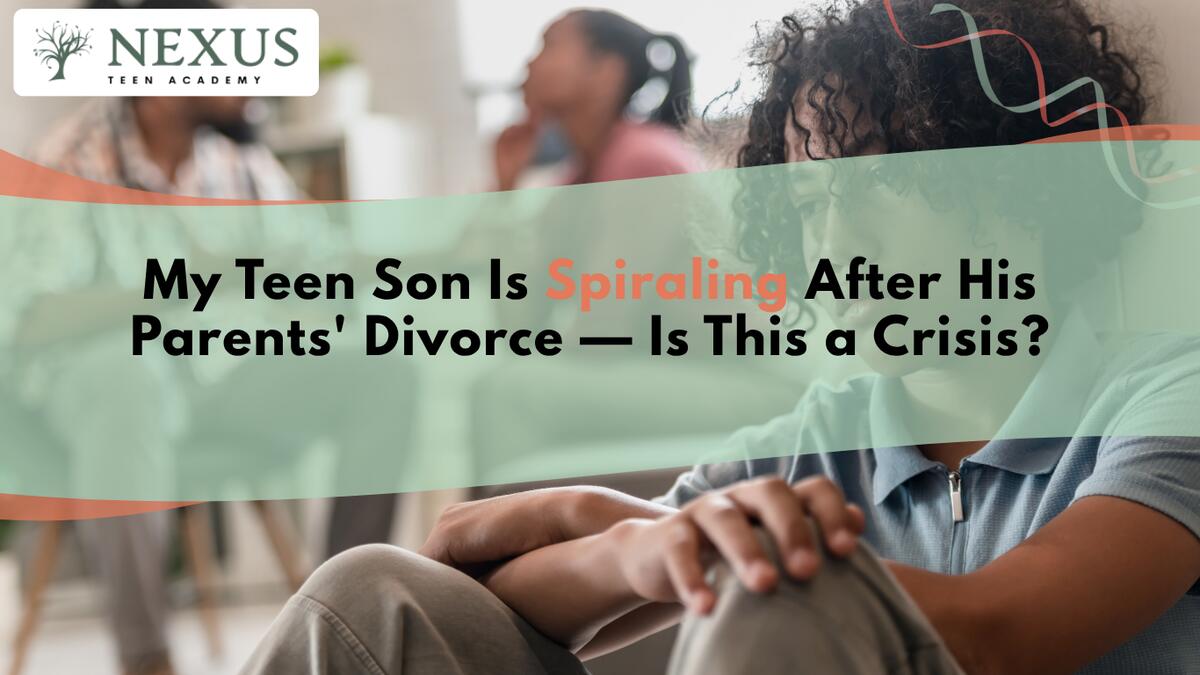 Teen son struggling emotionally after his parents’ divorce, reflecting the warning signs of distress and a potential crisis.