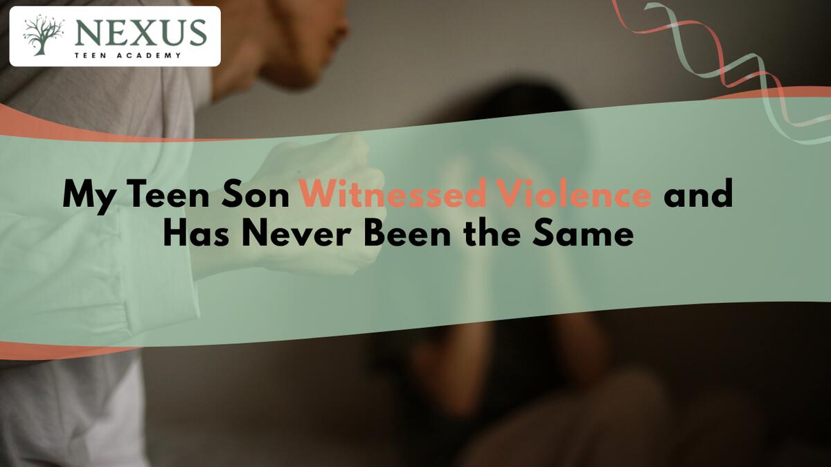 Teen son struggling after witnessing violence as a parent offers support, reflecting the emotional impact of trauma and PTSD.