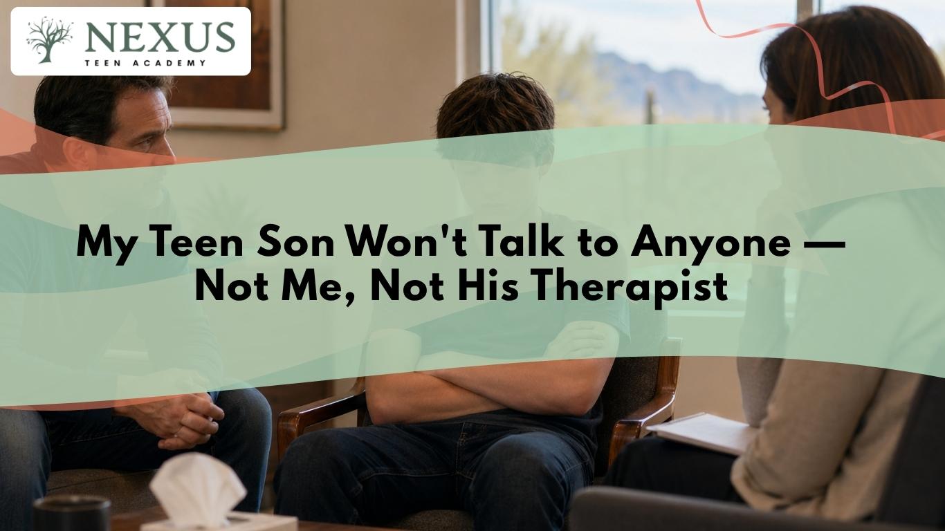 Teen son sits withdrawn between parents and therapist, reflecting why a teen won't talk to anyone despite family support.