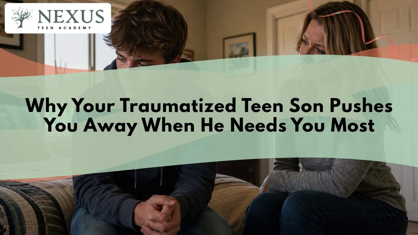 Traumatized teen son pulling away from a parent who is trying to connect