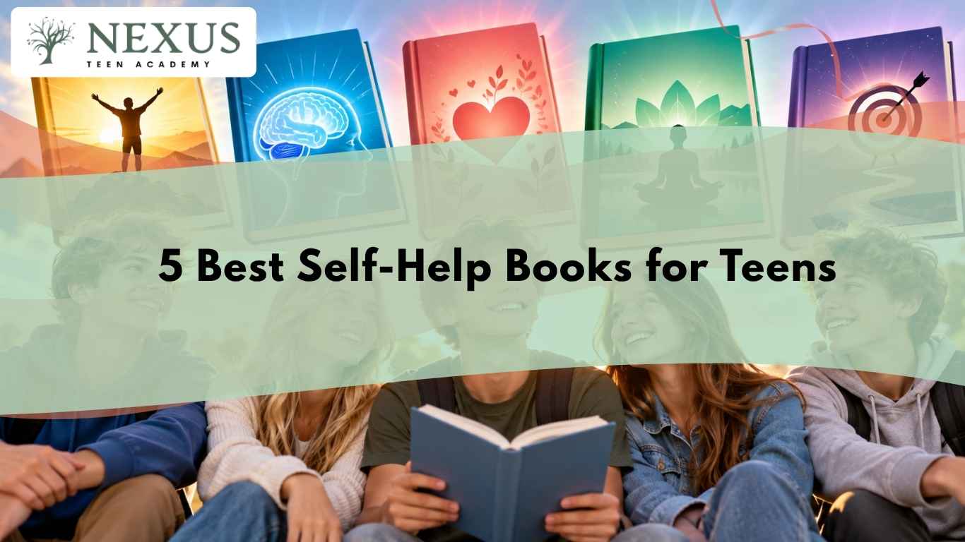 5 Best Self-Help Books for Teens title card showing teens reading together