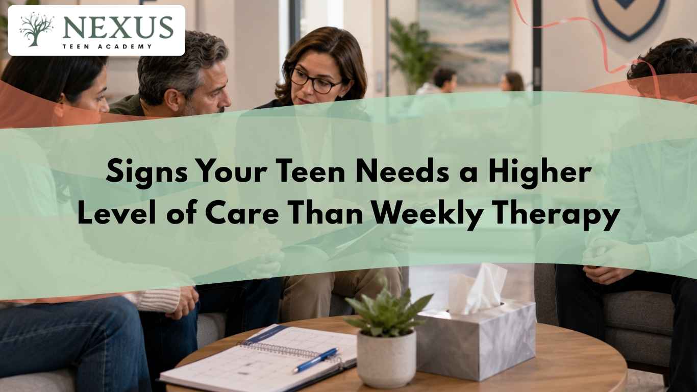 Signs Your Teen Needs a Higher Level of Care Than Weekly Therapy title card showing a family in a counseling session